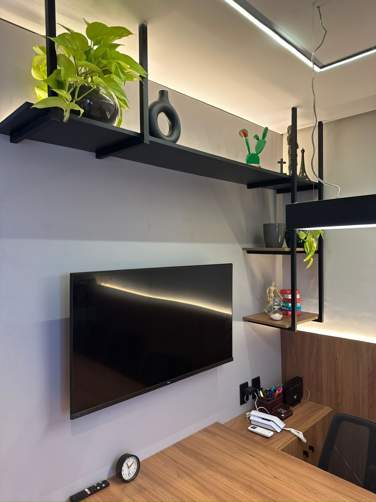 Estante com TV, plantas e objetos de decoração